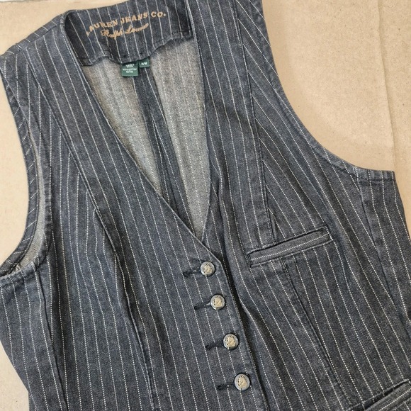 Lauren Jeans Co. Ralph Lauren Vest Womens Medium Petite Black Denim Pin Striped - Picture 1 of 9
